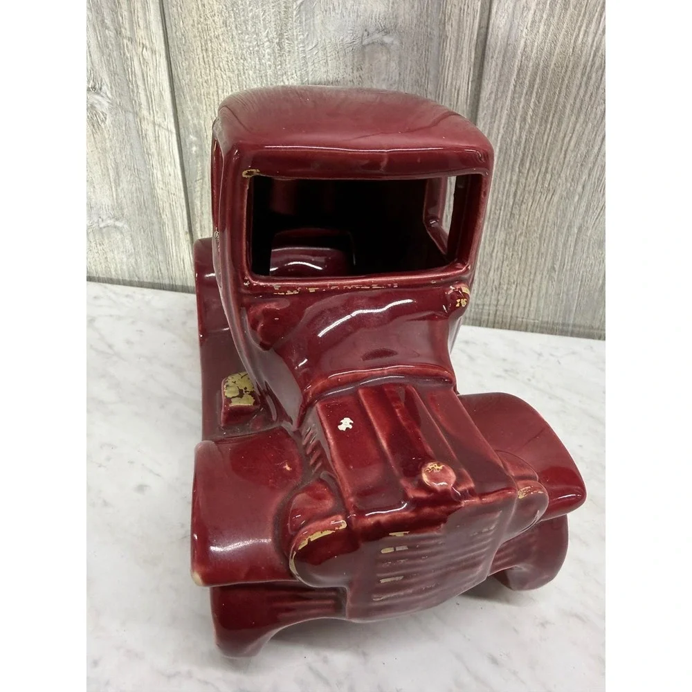 Vintage Ceramic Antique Car Planter Burgundy Red Model T Novelty Pottery Vases